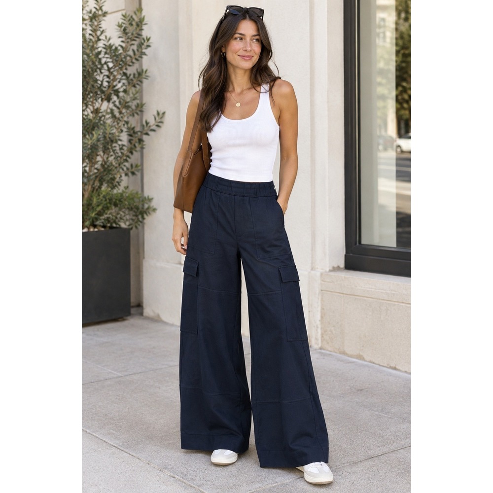 ME+EM Wide Leg Pants Women 2 Navy Blue Cargo High Waist Viscose Twill 023TJ426